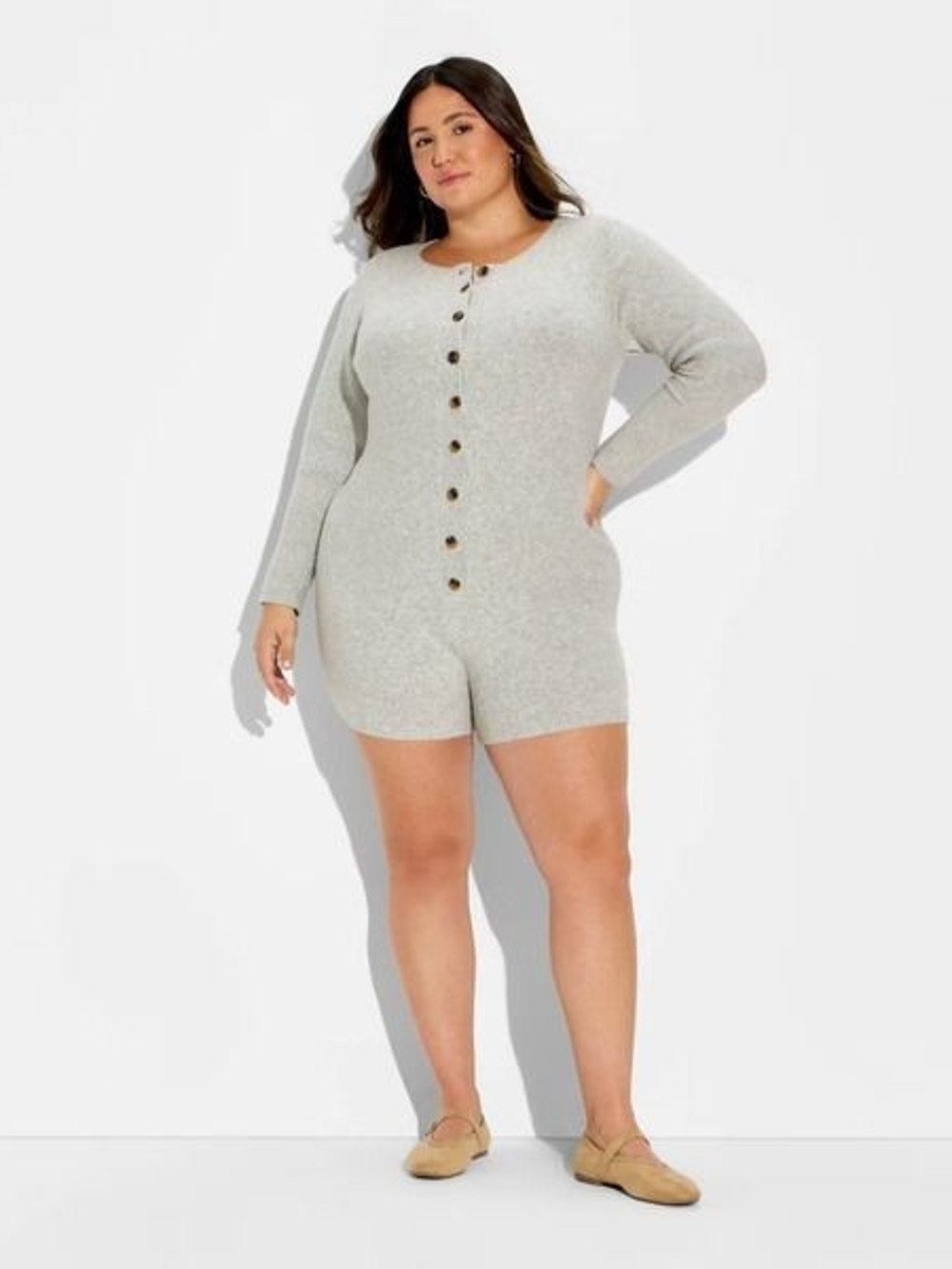 Wild Fable Gray Knit Sweater Romper Long Sleeve Henley Button Front Cozy XL